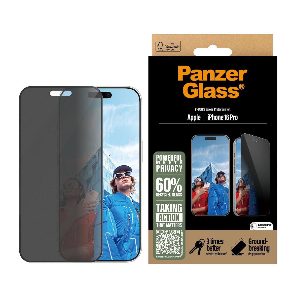 PanzerGlass ® 2-Way Privacy Skærmbeskyttelse iPhone 16 Pro | Ultra-Wide Fit m. EasyAligner