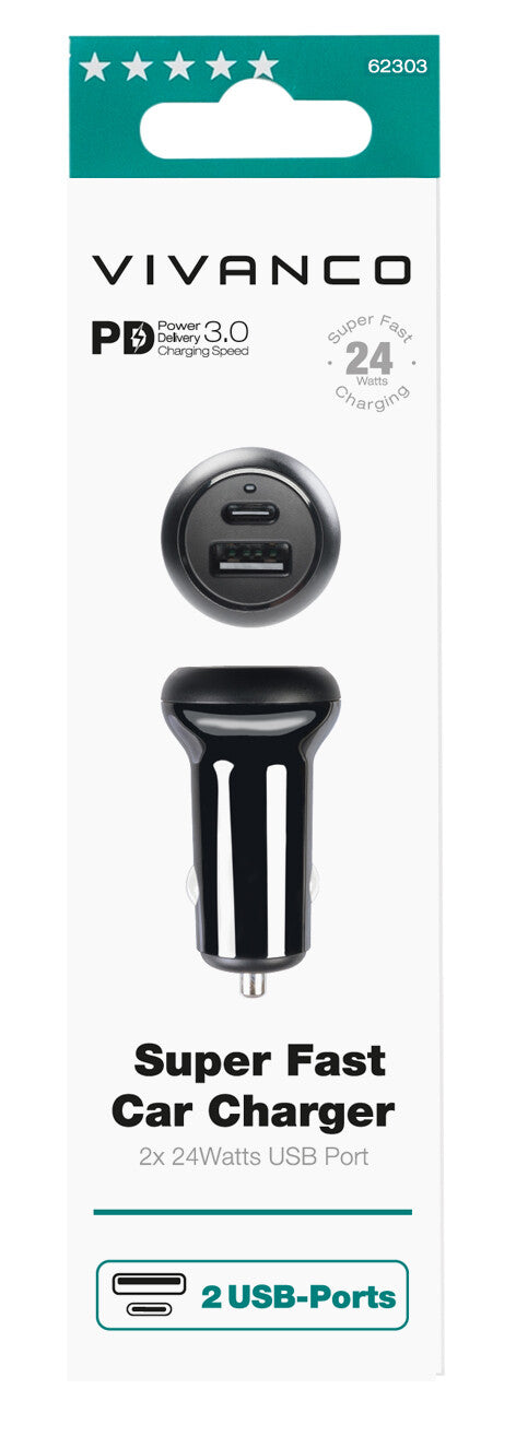 Vivanco Super Fast Car Charger Universel Sort Cigartænder Hurtig opladning Automatisk