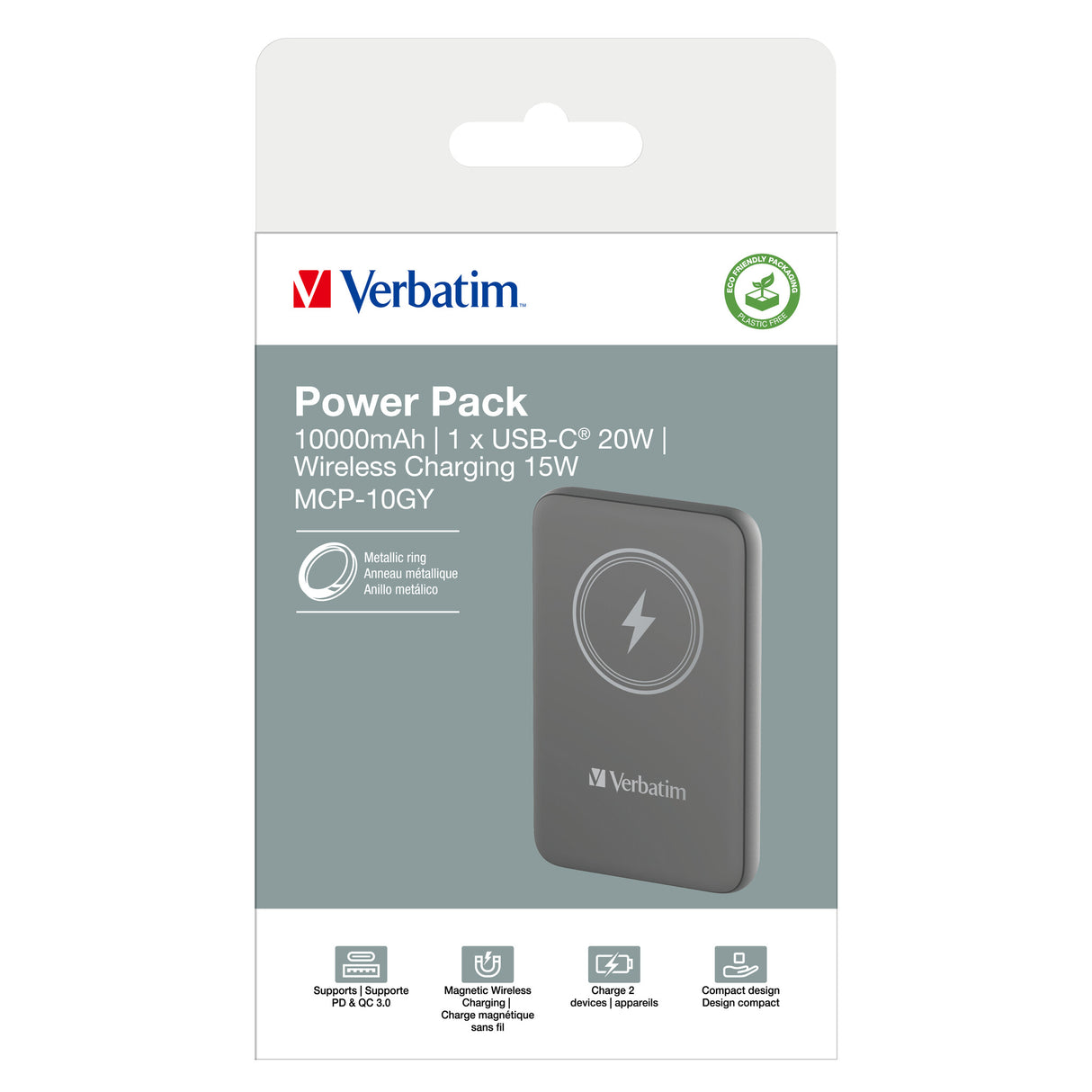 Verbatim Charge 'n' Go Lithium polymer (LiPo) 10000 mAh Trådløs opladning Grå