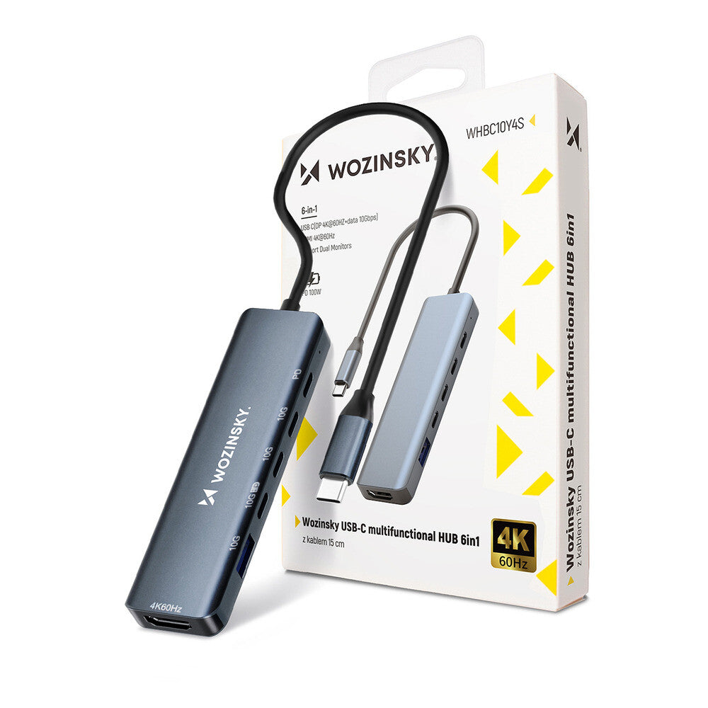 USB-C 6 i 1 Hub Wozinsky WHBC10Y4S Multifunktionel, Aluminium, med 25 cm Kabel - Grå