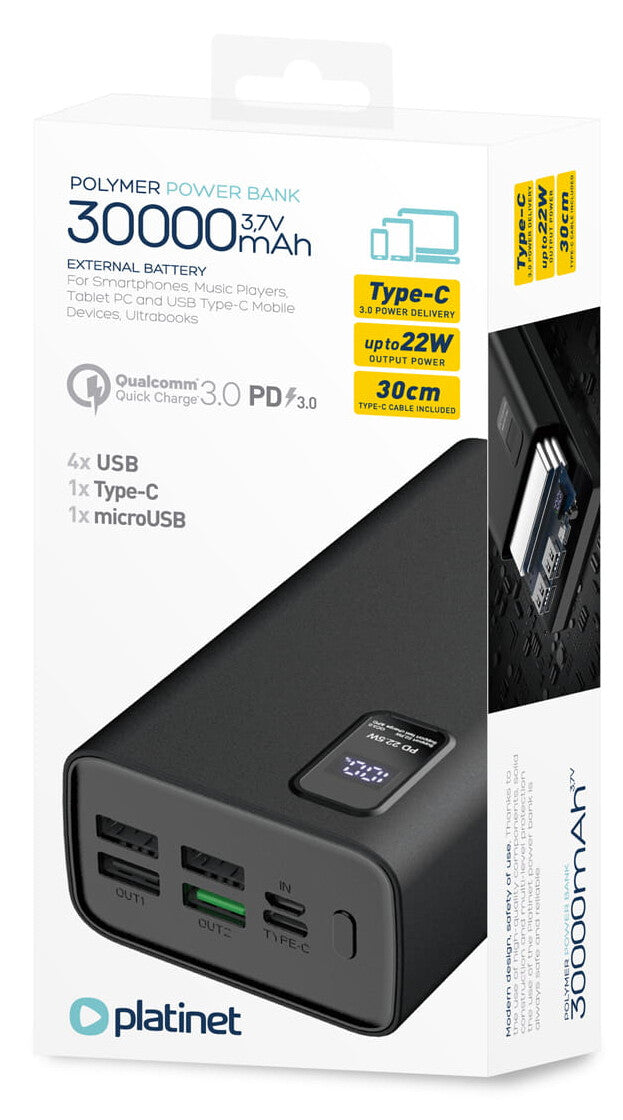 Platinet PMPB30WQC728B powerbank Lithium polymer (LiPo) 30000 mAh Sort