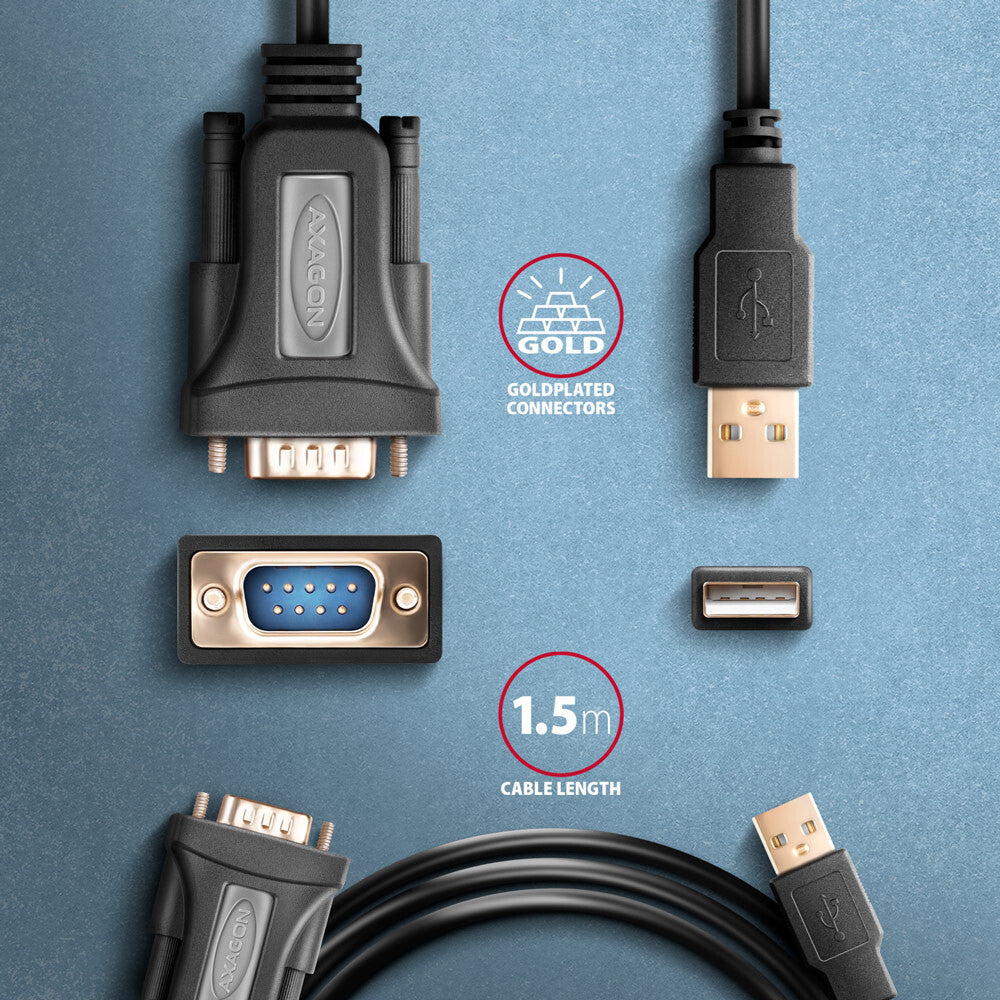 Axagon ADS-1PQN USB-A 2.0 - serial RS-232 DB9-M FTDI adapter cable 1.5m - Adapter - Digital/Daten serielkabel Sort 1,5 m USB Type-A