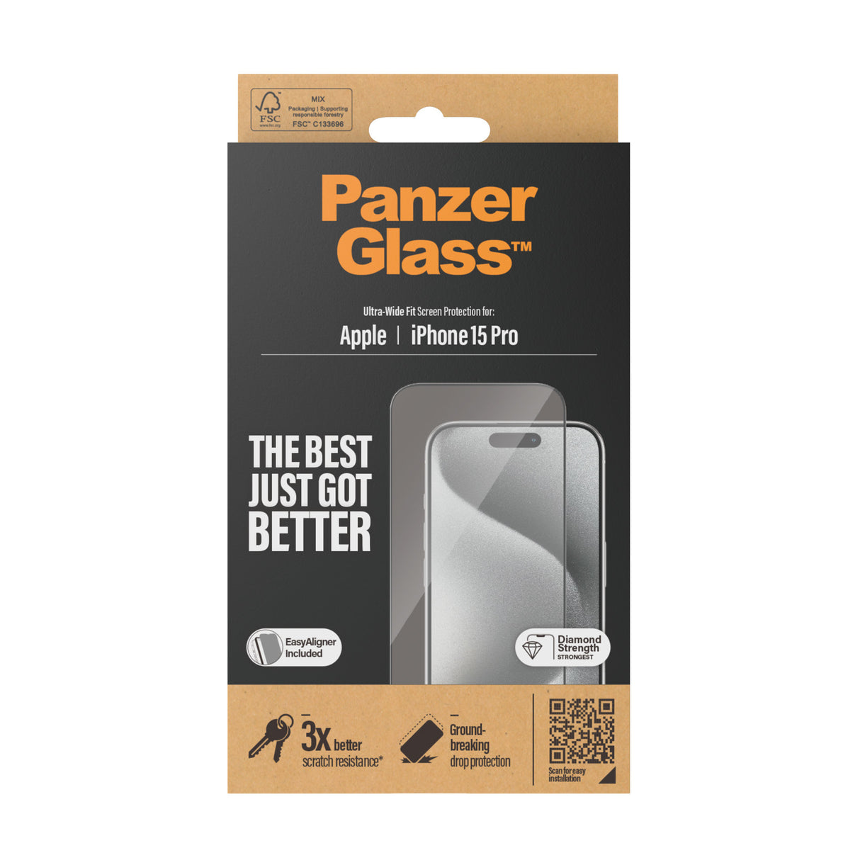 PanzerGlass ® Skærmbeskyttelse iPhone 15 Pro | Ultra-Wide Fit m. EasyAligner