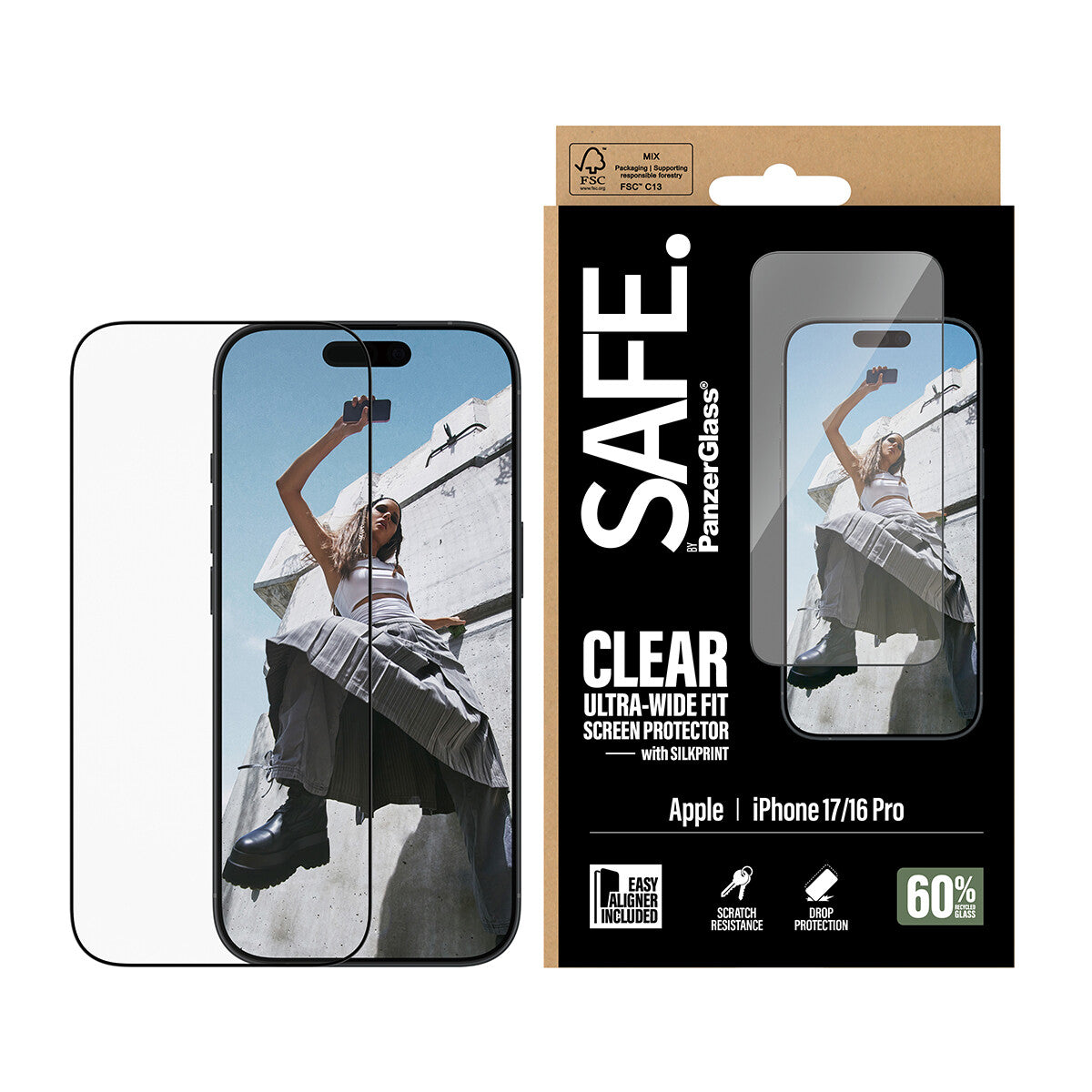 PanzerGlass SAFE. by ® Skærmbeskyttelse m. Sort Ramme iPhone 17 | 16 Pro | Ultra-Wide Fit m. EasyAligner
