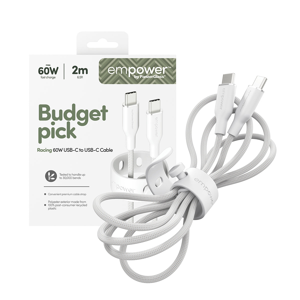 PanzerGlass empower by ® Racing 60W USB-C to USB-C Kabel | USB 2.0 | 2M | Silver White