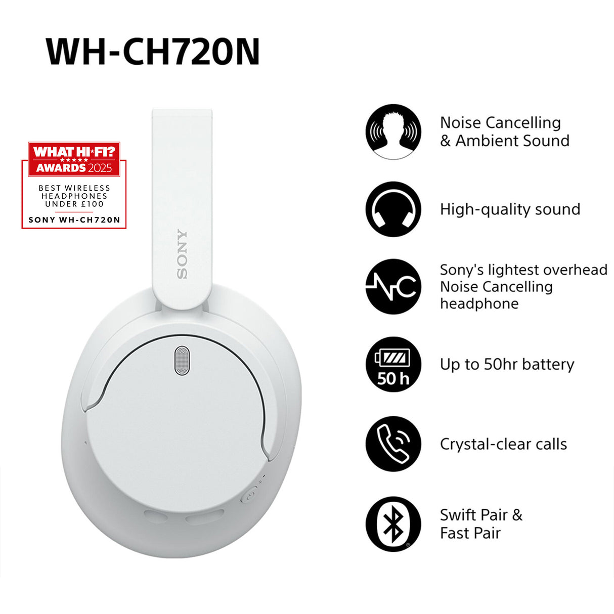 Sony WH-CH720 Headset Kabel & trådløs Opkald/musik USB Type-C Bluetooth Hvid