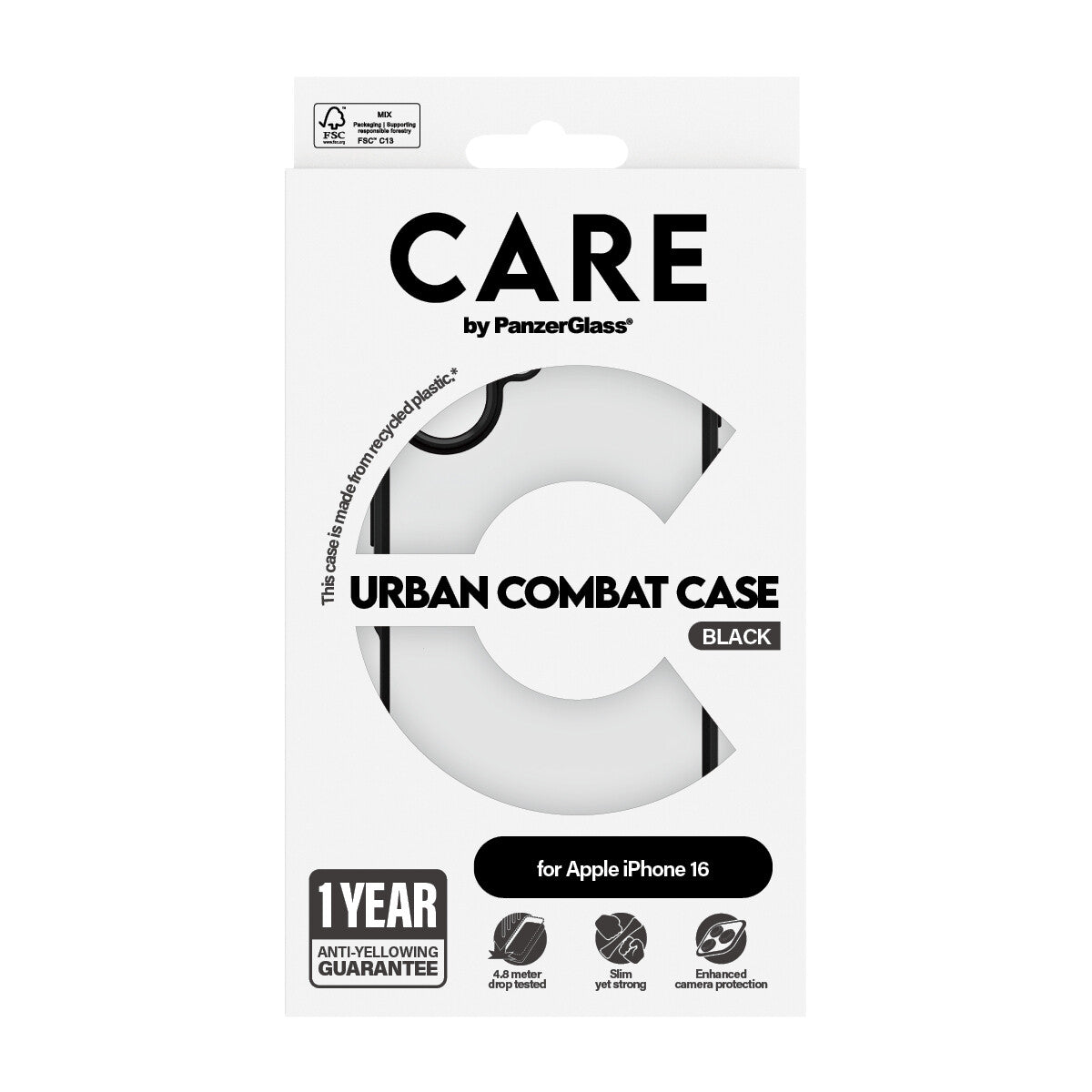 PanzerGlass CARE™ by ® Urban Combat Case Transparent m. Sort Ramme iPhone 16