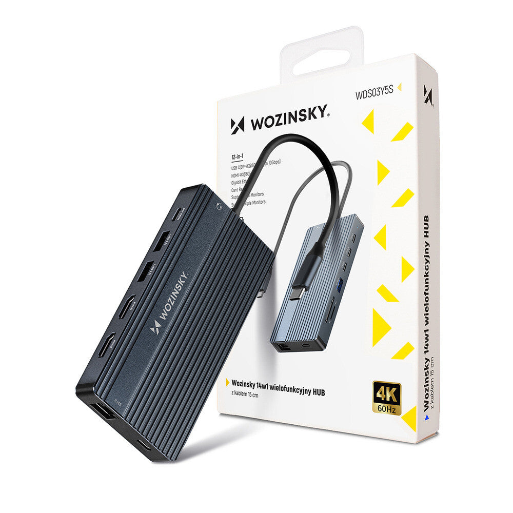 USB-C Hub 14 i 1 Wozinsky WDS03Y5S Multifunktionel, Aluminium, til 3 Skærme, med 15 cm Kabel - Grå