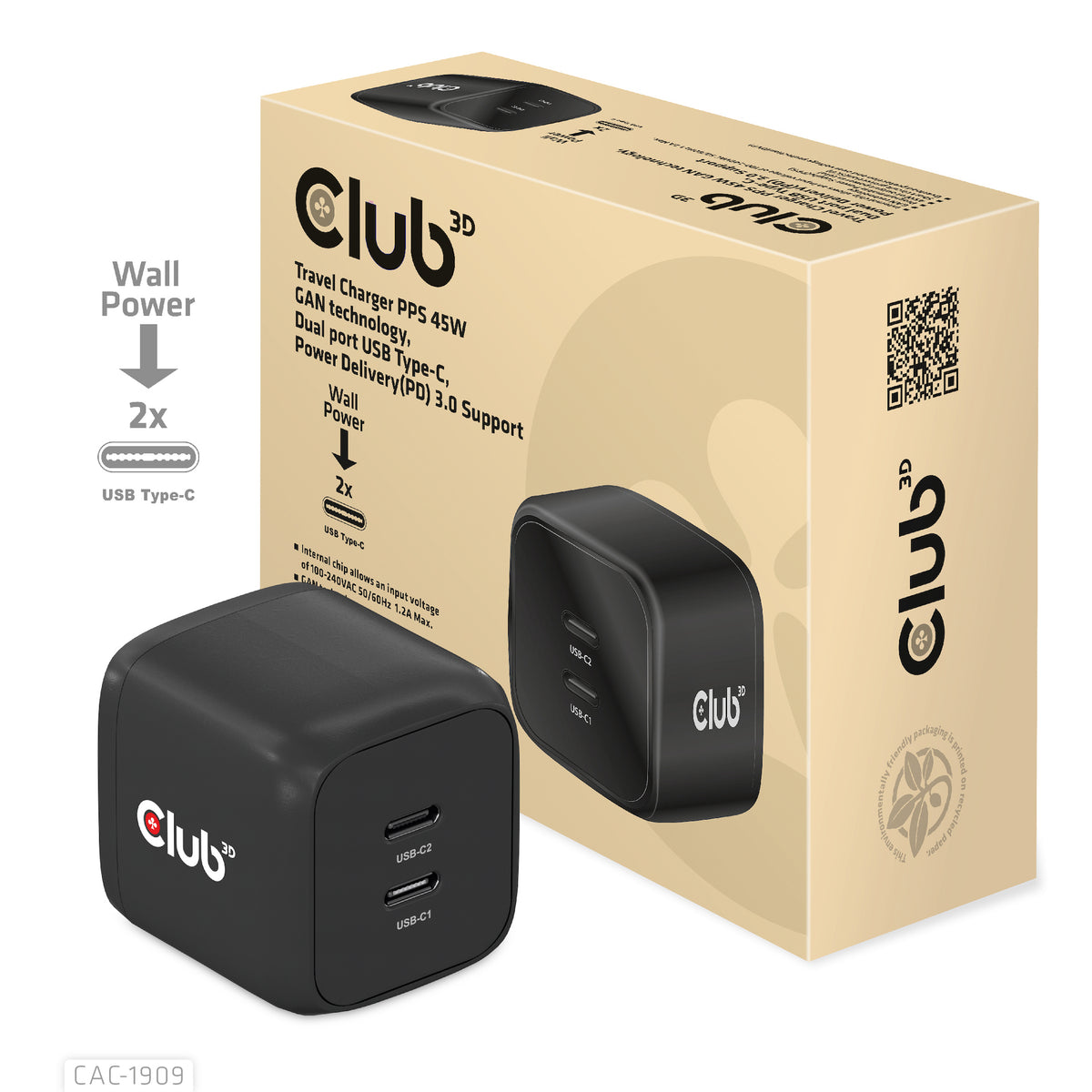 Club 3D CAC-1909EU 45Watt GaN Strømforsyningsadapter