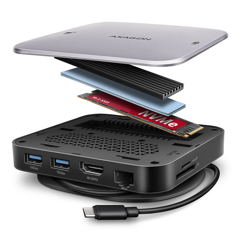 Axagon HMC-UFO USB-C Hub M.2 SATA/NVMe 1 Gbit/s Ethernet 384 kHz Audio Ledningsført USB 3.2 Gen 2 (3.1 Gen 2) Type-C Sort