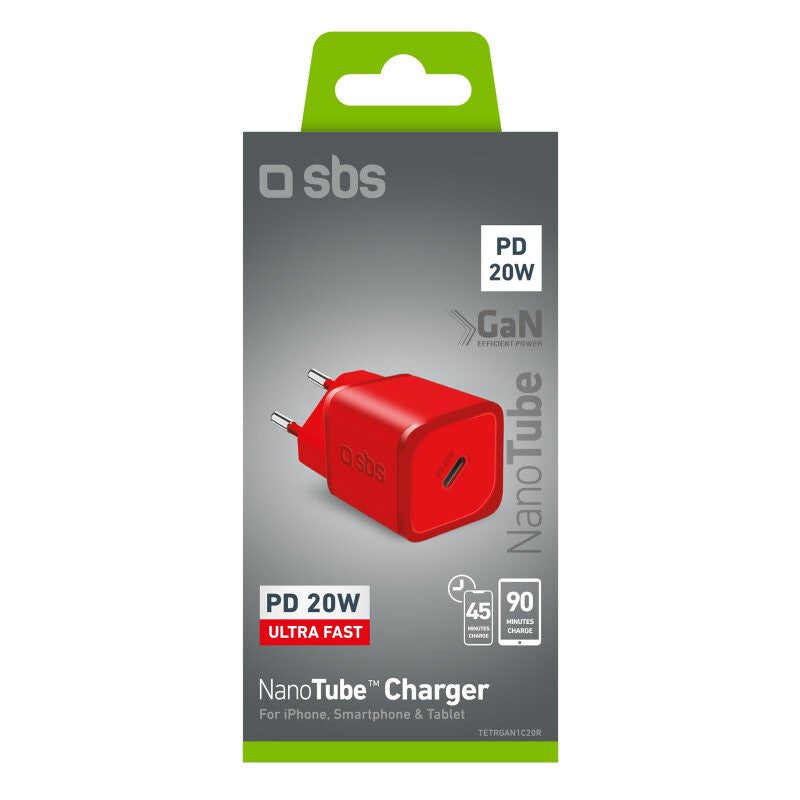 SBS TETRGAN1C20R oplader til mobil enhed Hovedtelefoner, Bærbar højttaler, Smartphone, SmartWatch, Tablet Rød Vekselstrøm Hurtig opladning Indendørs