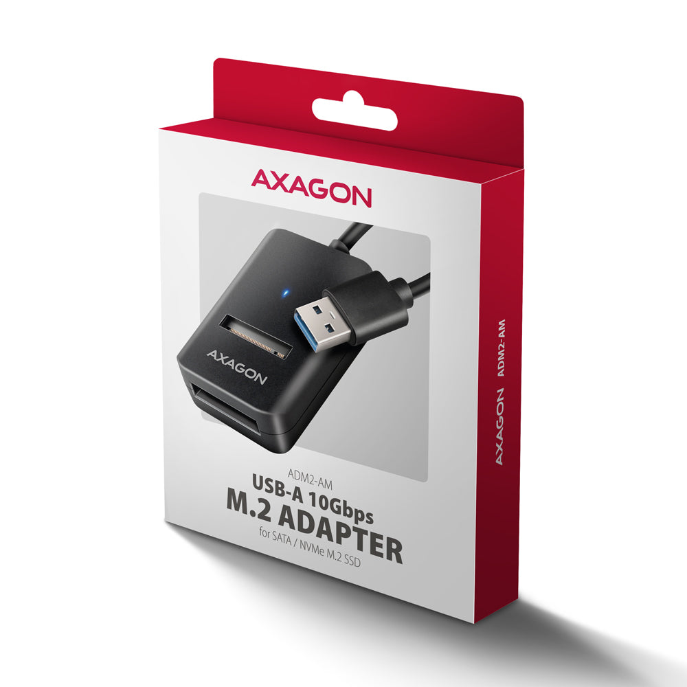Axagon ADM2-AM USB-A 10Gbps - M.2 NVMe & SATA SSD adaptér, kabelis USB-A 10cm SSD kabinet Sort