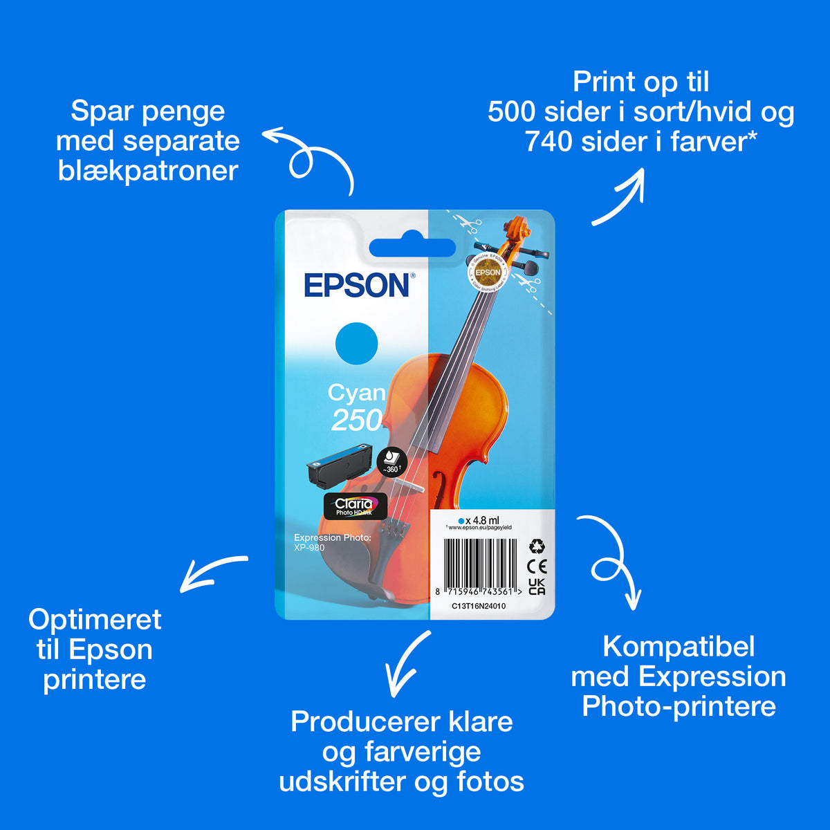 Epson Enkeltpakke, cyan 250 Claria Photo HD-blæk