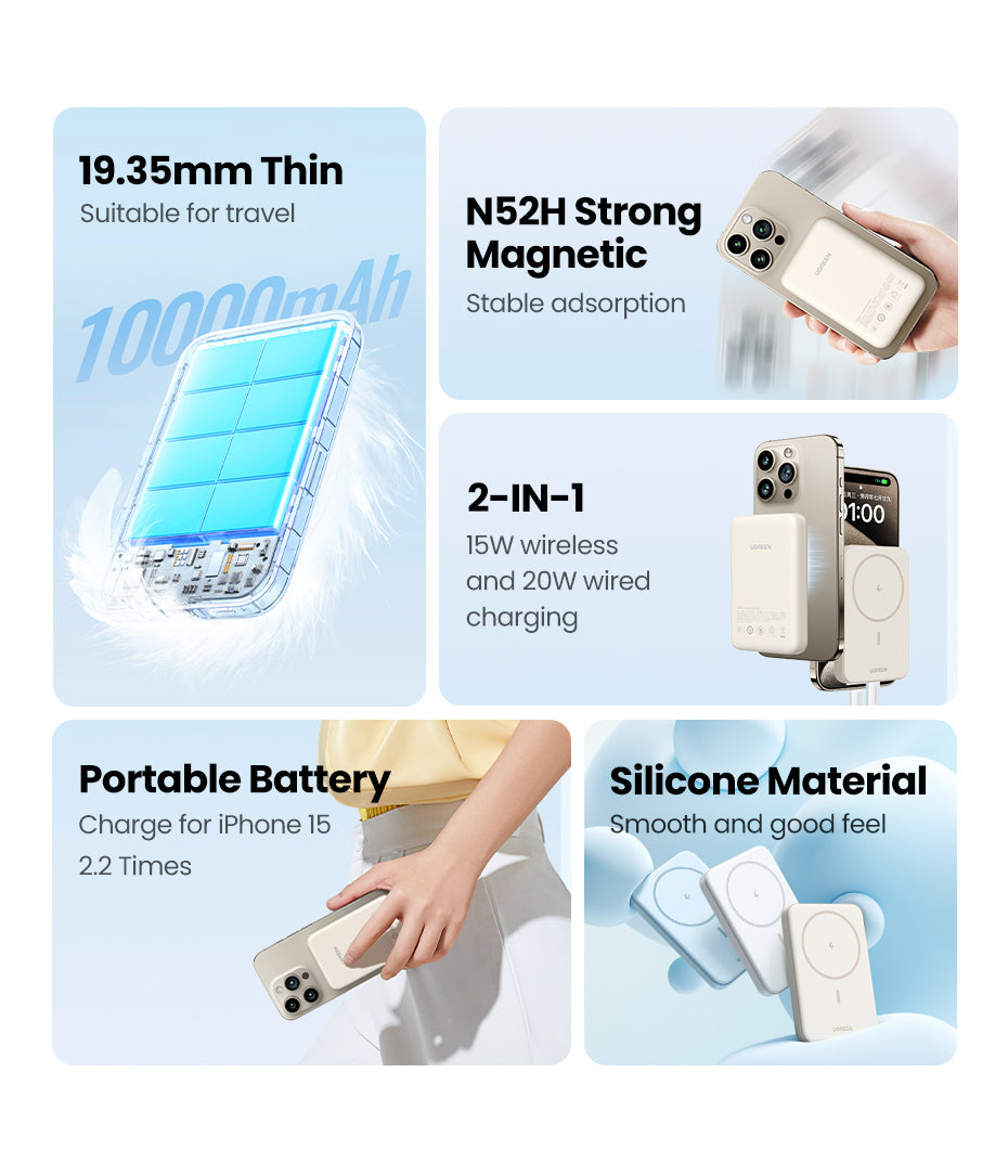 Ugreen Trådløs power bank 10000mAh 20Watt 1xUSB-C Hvid