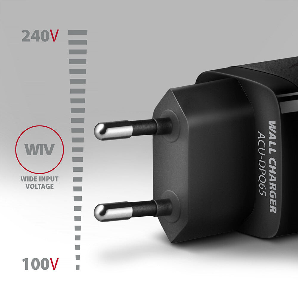 Axagon ACU-DPQ65 oplader til mobil enhed Mobiltelefon, Netbook, Laptop, Smartphone, SmartWatch, Tablet, Universel Sort Vekselstrøm Hurtig opladning Indendørs