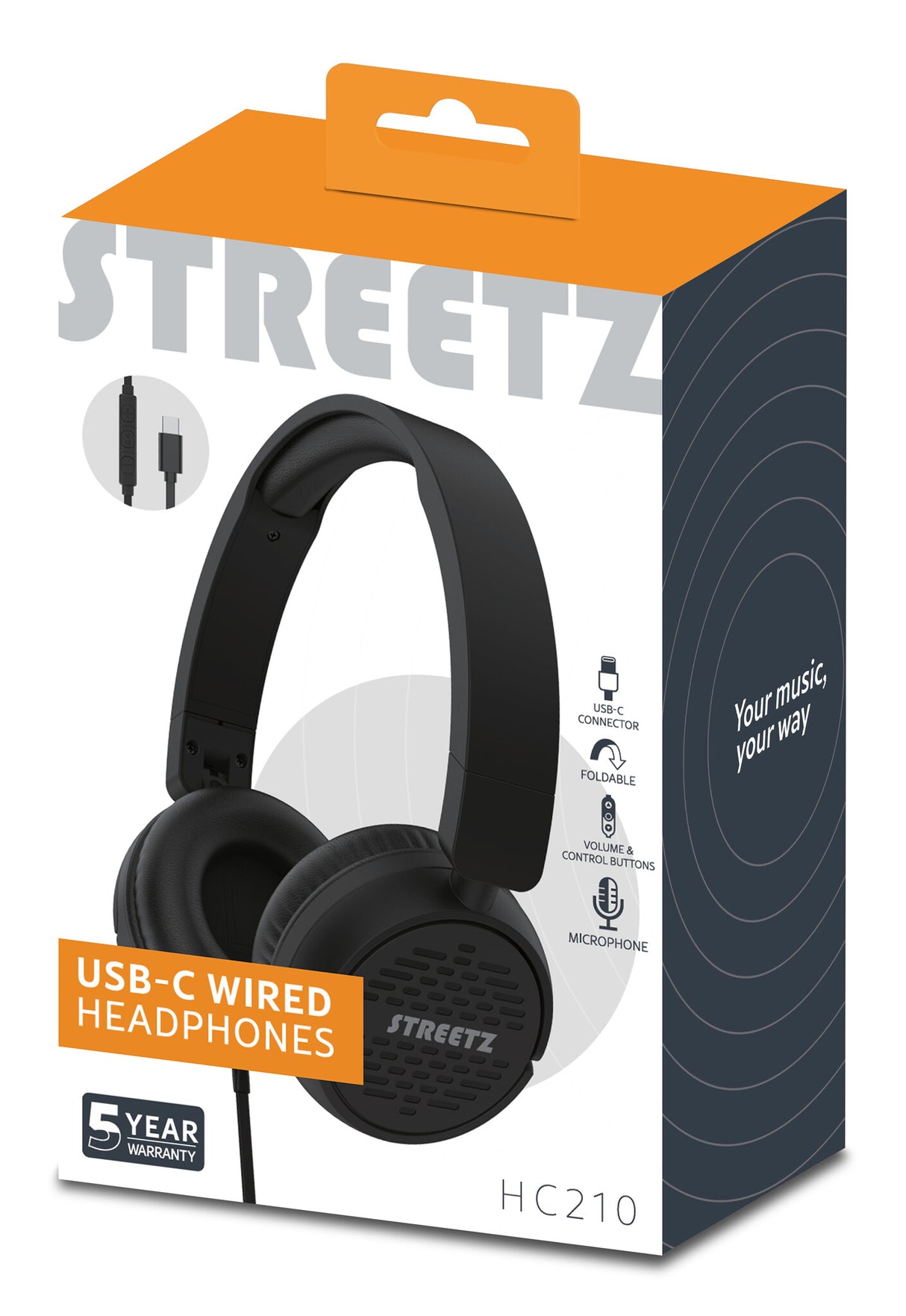 Streetz HC210-BLK hovedtelefoner/headset Ledningsført Opkald/musik USB Type-C Sort