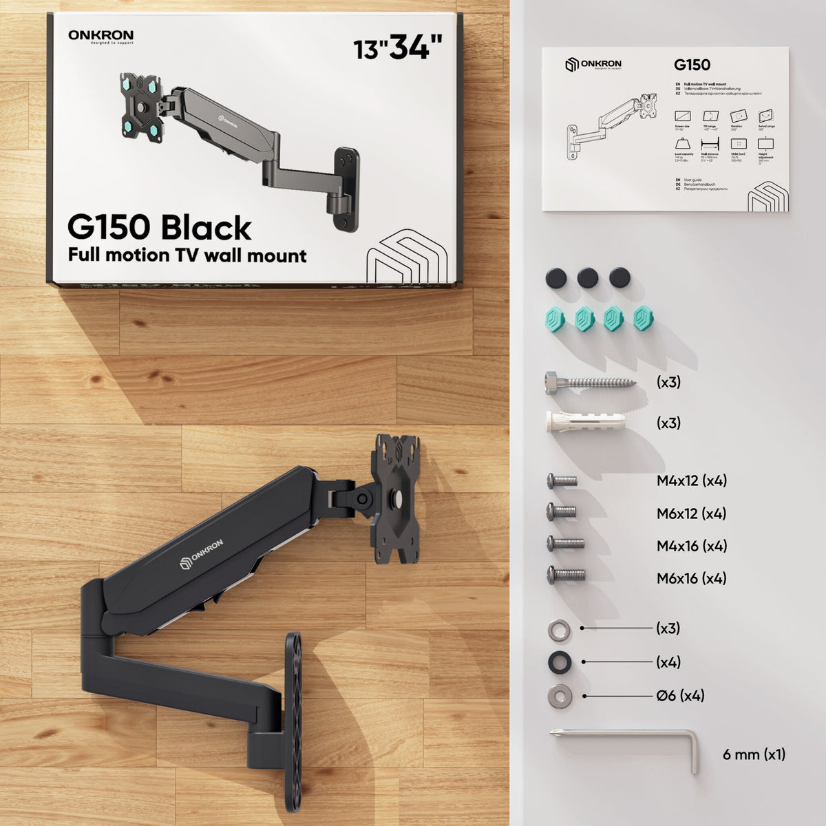 ONKRON G150-B skærmbeslag og -stativer 86,4 cm (34") Væg Sort