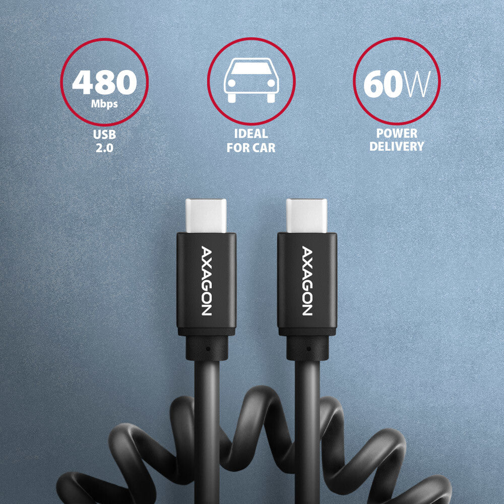 Axagon Data and charging USB 2.0 cable 1.1 m long. PD 60W, 3A. Black twisted. USB-kabel 1,1 m USB C 0,48 Gbit/sek. Sort