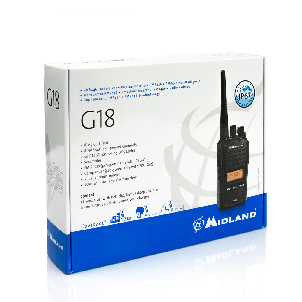 Midland G18 - PMR446 to-vejs radio 8 kanaler 446.00625 - 446.09375 MHz Sort