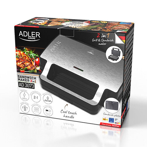 Adler AD 3073 sandwichtoaster 1400 W Sort, Sølv