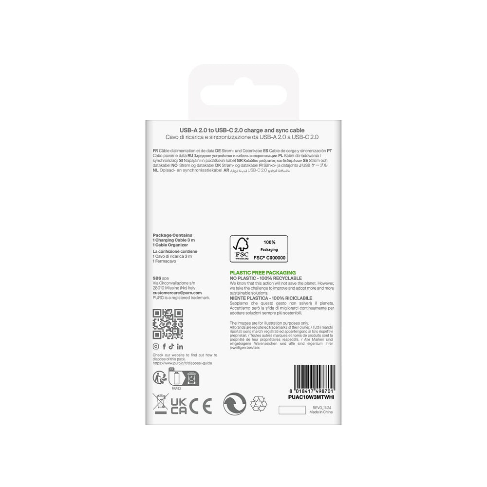 Puro TPE 10W USB-A - USB-C Kabel 3m - Hvid