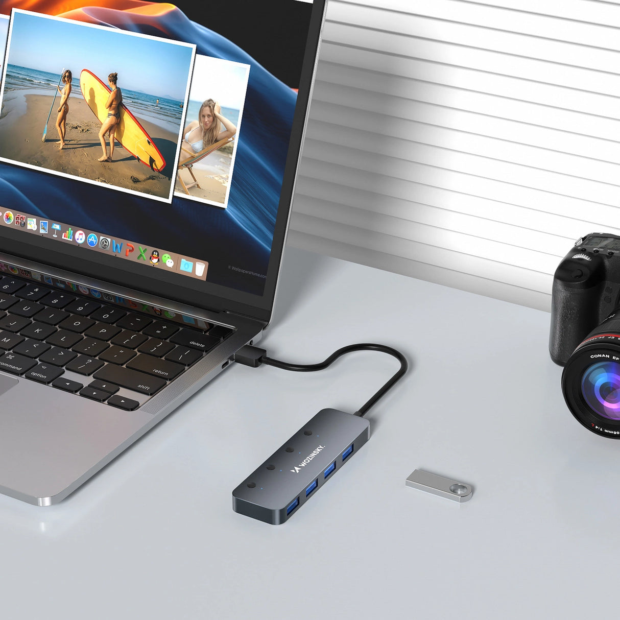 USB-A Hub Wozinsky WHS080YSS 4 x USB-A 3.0 med individuelle kontakter, aluminium, med 30 cm kabel - grå