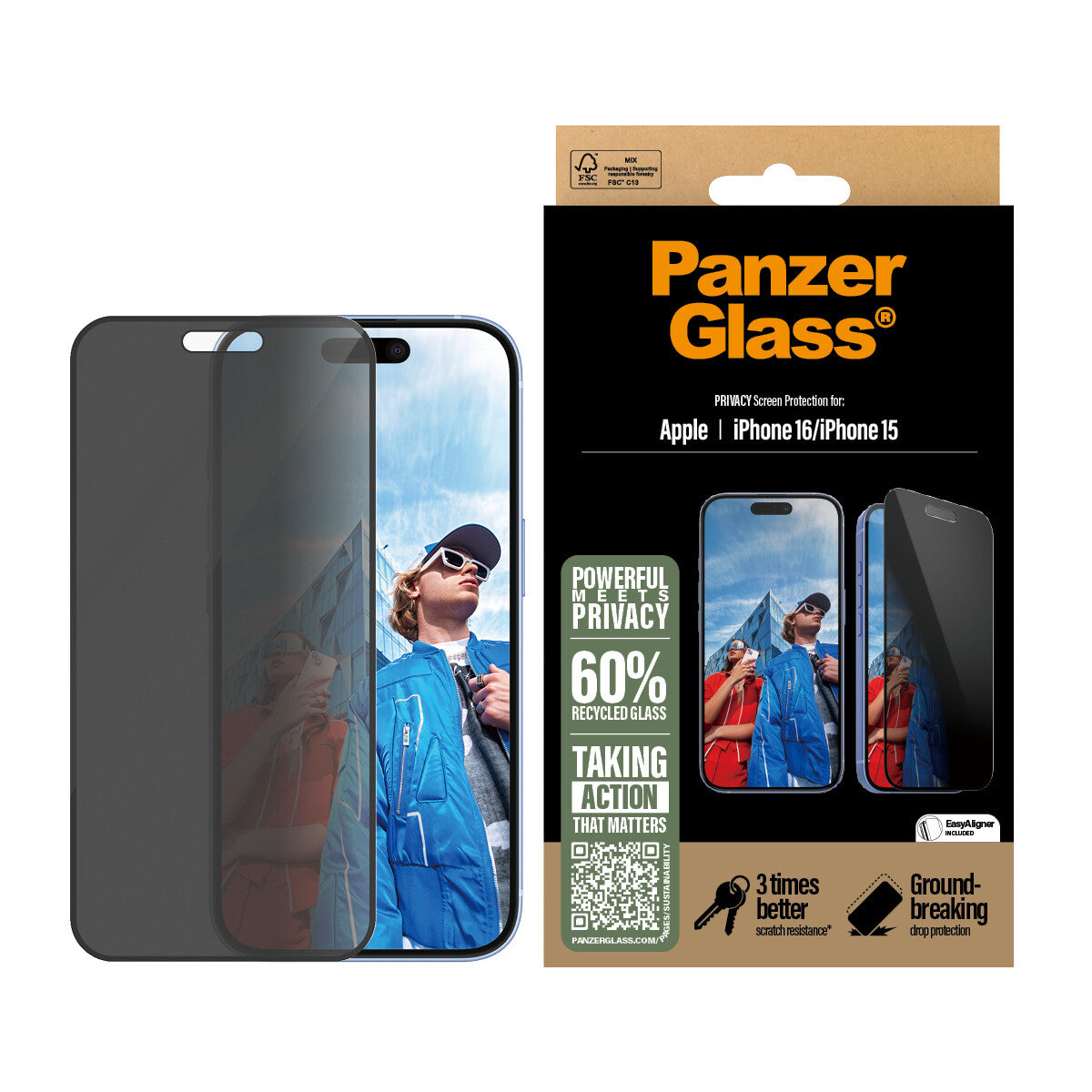 PanzerGlass ® 2-Way Privacy Skærmbeskyttelse iPhone 16 | 15 | Ultra-Wide Fit m. EasyAligner