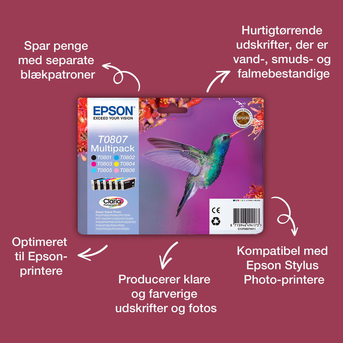 Epson Hummingbird Multipakke, 6 farver T0807 Claria Photographic Ink