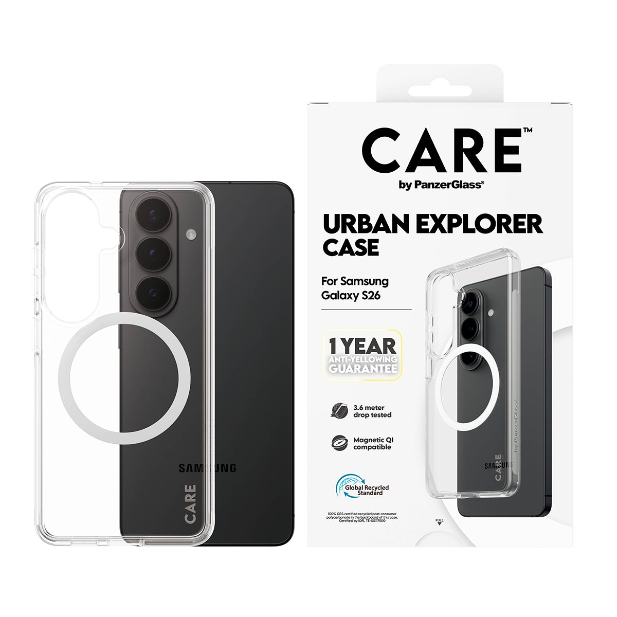 CARE by PanzerGlass Urban Explorer Case Transparent w. White Qi Samsung Galaxy S26