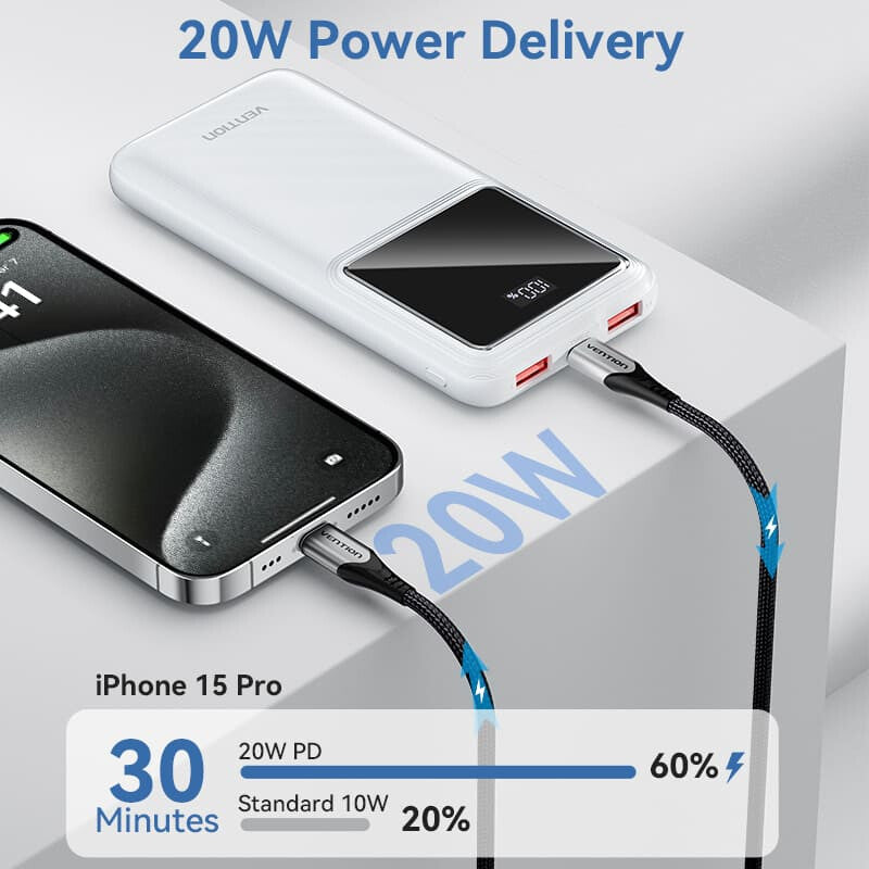 Vention Powerbank, ventiliacija, FHKW0, 10000 mAh, mikro USB, USB-C, 2xUSB-A, Hvid