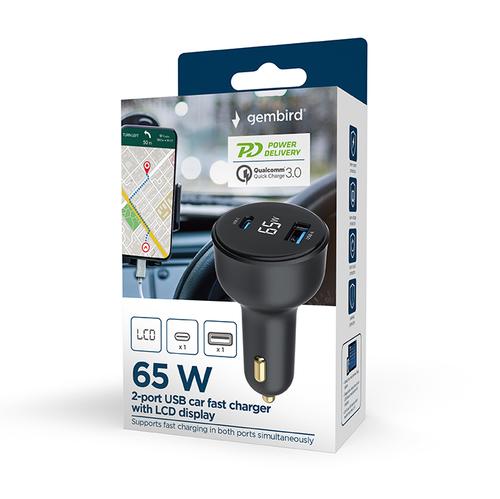 Gembird TA-UC-AC2PD65LCD-CAR-01 mobile device charger Universal Black Cigar lighter Fast charging Auto