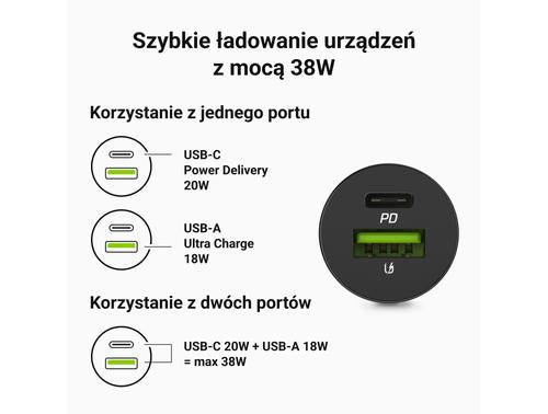 Green Cell GC CADM-GC-38AC - USB-Ladegeraet 38 W 1x USB-C USB-A schwarz Flashlight, GPS, Headphones, Mobile phone, Navigator, Other, Portable speaker, Power bank, Smartphone, Smartwatch, Tablet, Universal Black Cigar lighter Fast charging Auto, Indoo