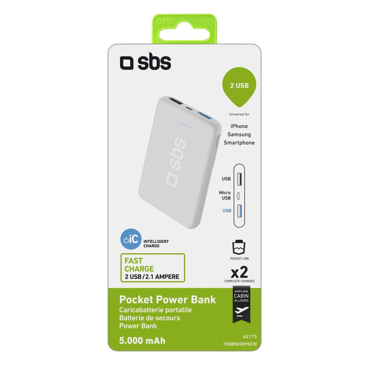 SBS hurtigtopladende powerbank. 5000 mAh. Hvid