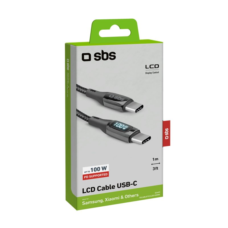 SBS USB-C til USB-C data- og opladninskabel med LCD display. Sort