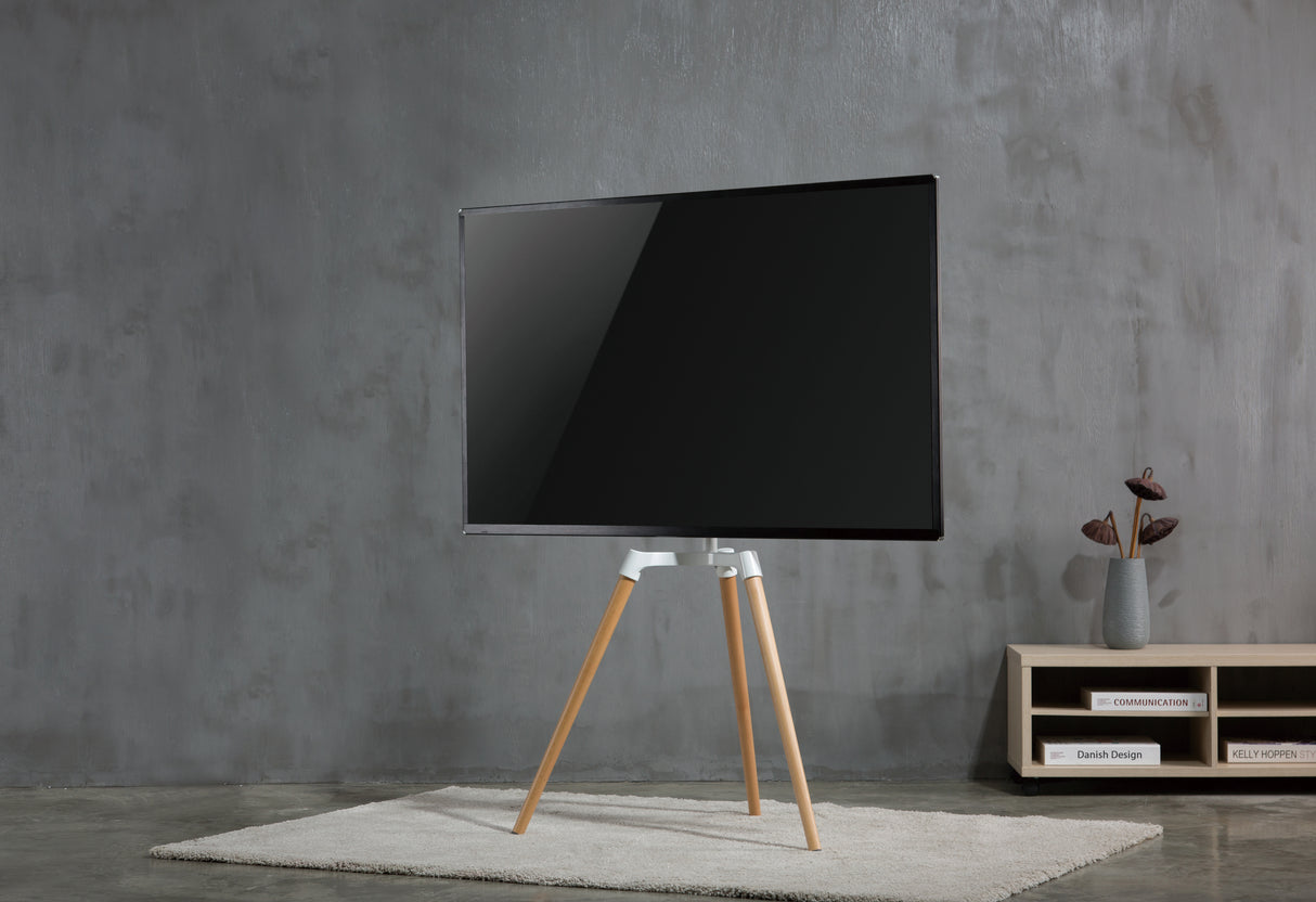 Sinox Tripod TV gulvstand med drejbar top. 50"-65". Lyst træ/hvid