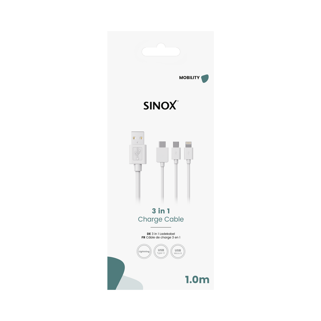 Sinox 3-i-1 kabel med Lightning, USB C og Micro USB. 1m. Hvid