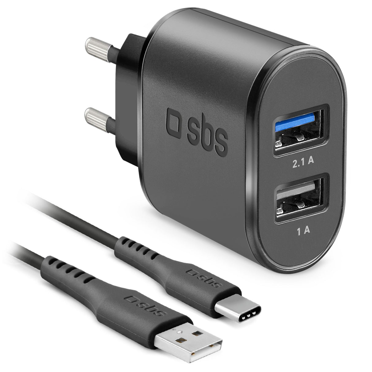 SBS 2100 mAh oplader. 1m USB - USB C kabel. Sort