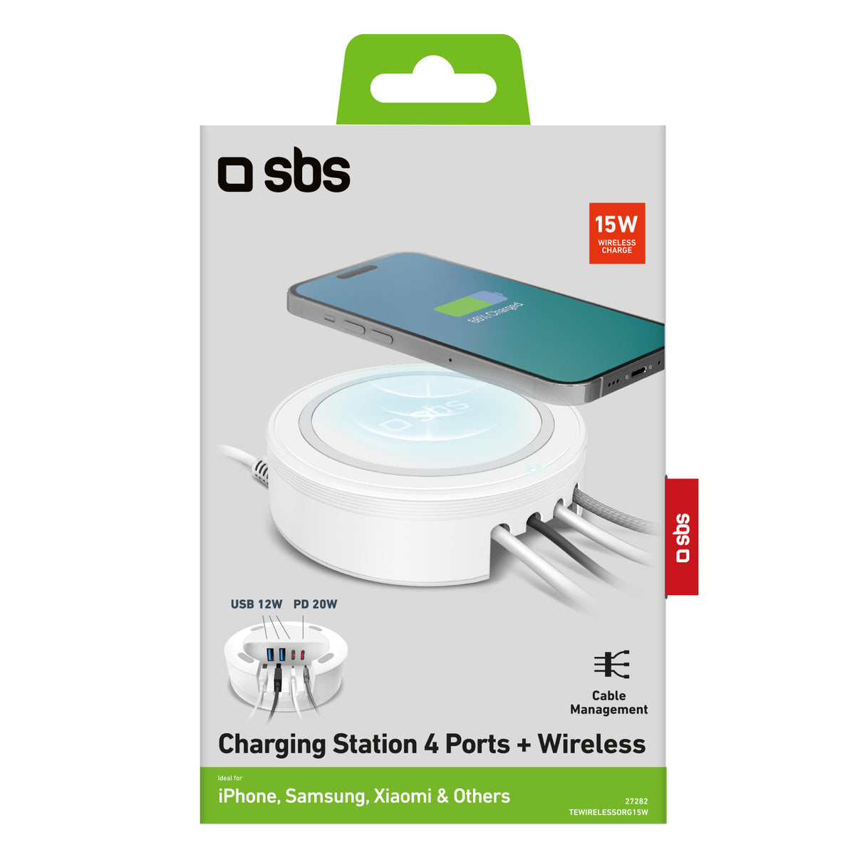 SBS Opladningsstation med 2 USB-A-porte, 2 USB-C-porte og trådløs oplader. Hvid
