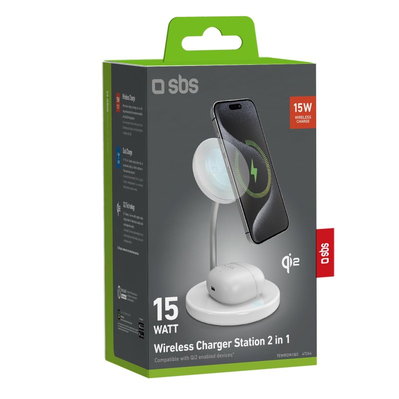 SBS Qi2 2x1 trådløs opladningsstation 15W, hvid
