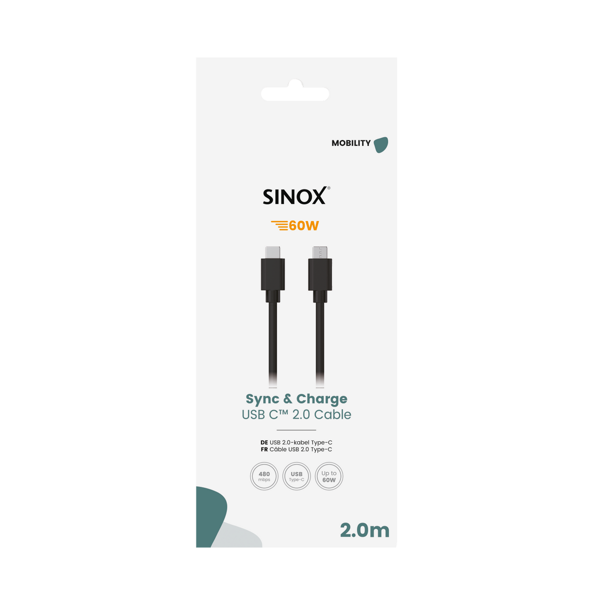 Sinox USB C kabel. 2m. Sort