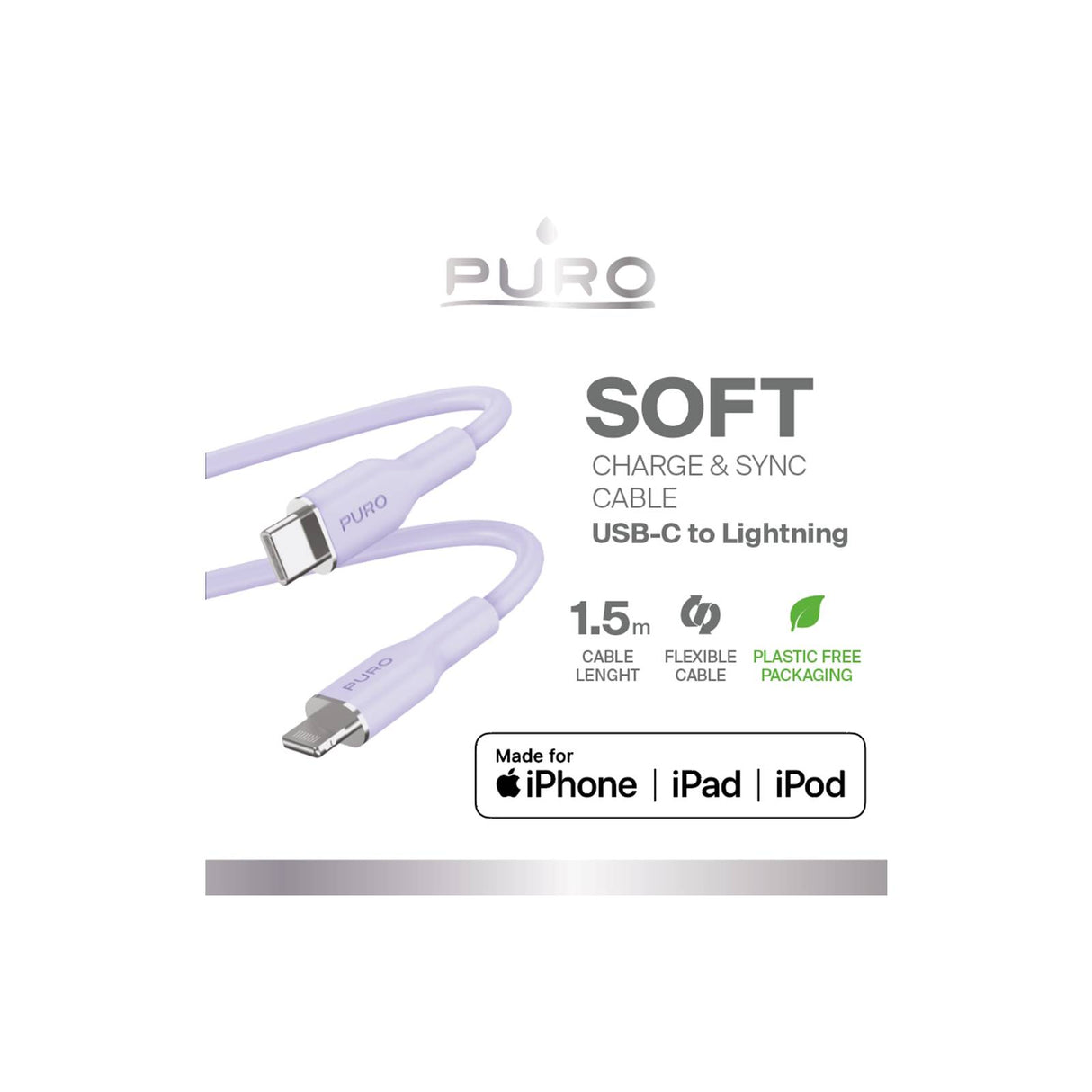 PURO SOFT-kabel til strøm- og datasynkronisering fra USB-C til Lightning 1,5 m