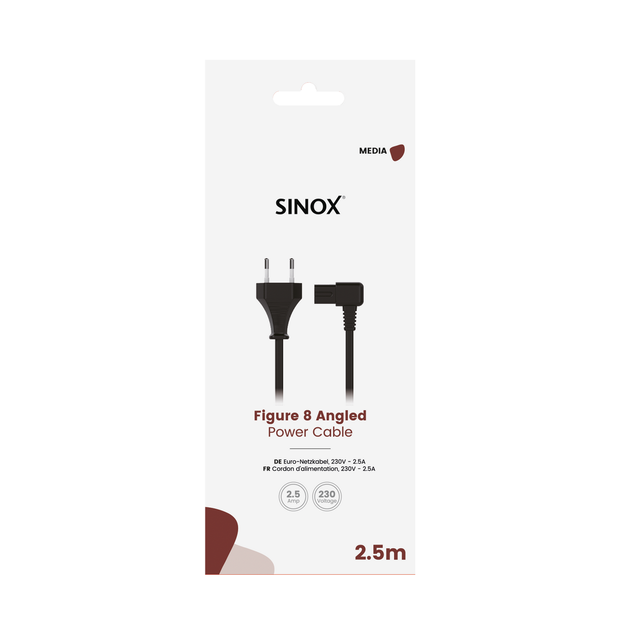 Sinox 8-tals vinkel strømkabel. 2,5m. Sort