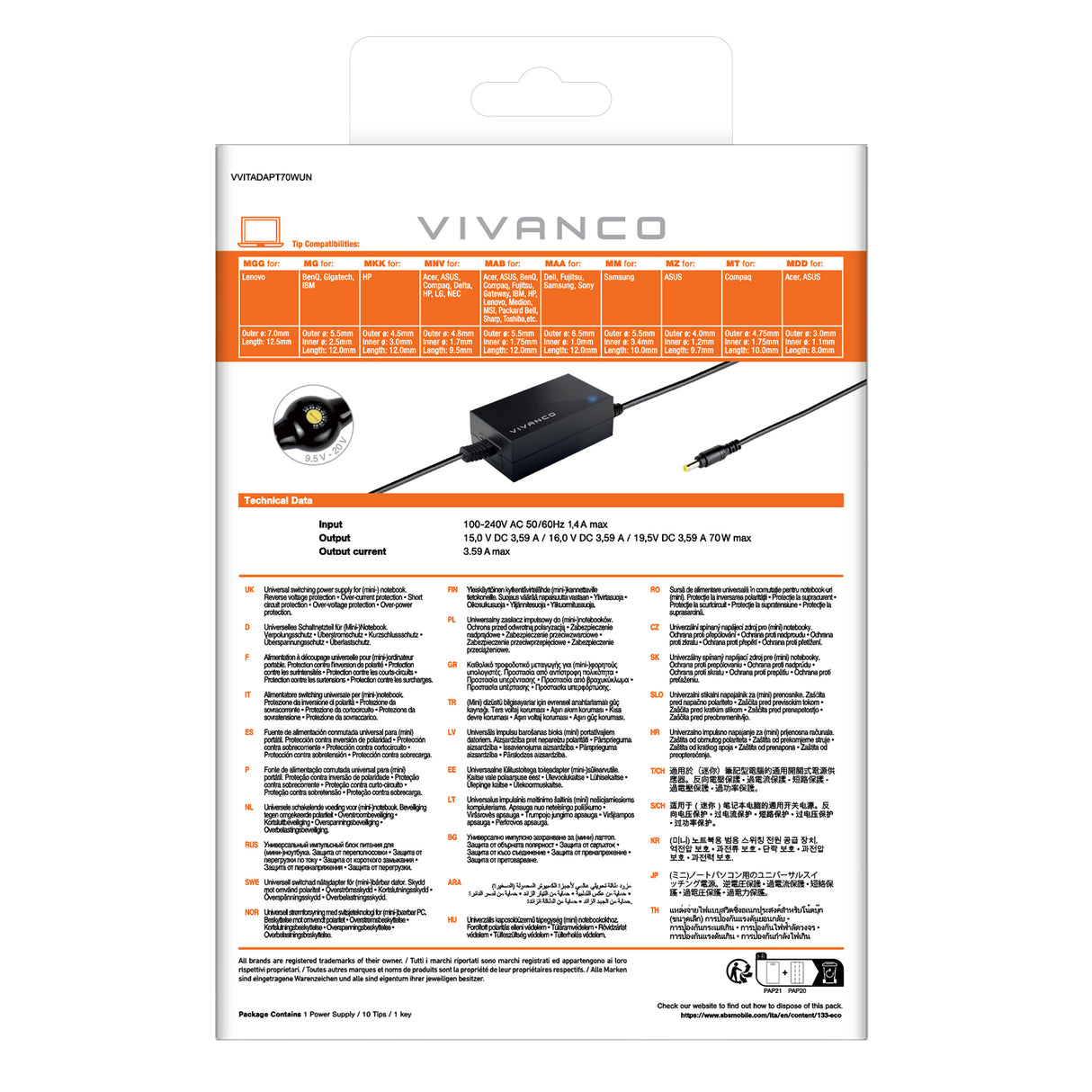 Vivanco Universal-strømforsyning til notebooks og netbooks, 70W