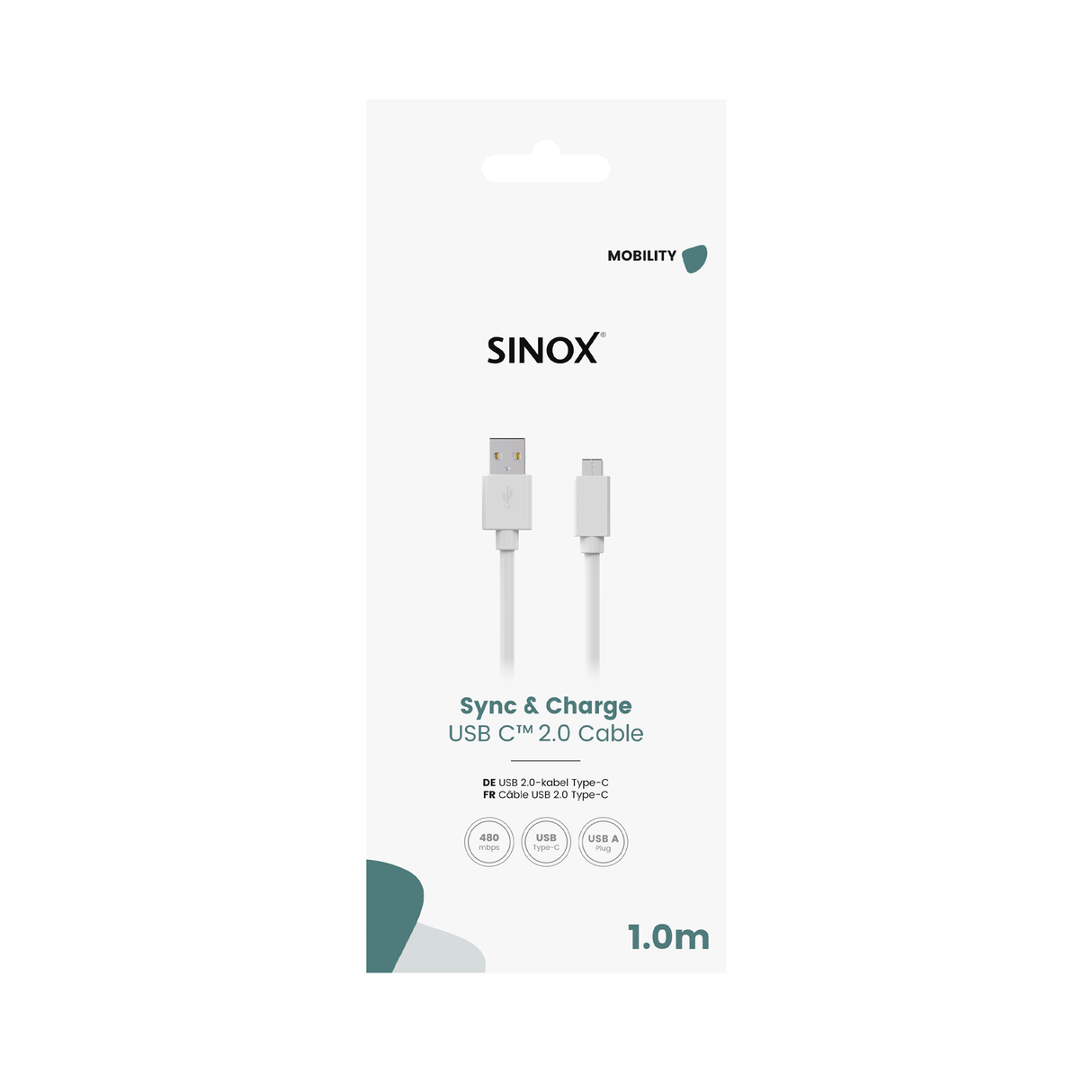 Sinox USB C til USB A kabel. 1m. Hvid