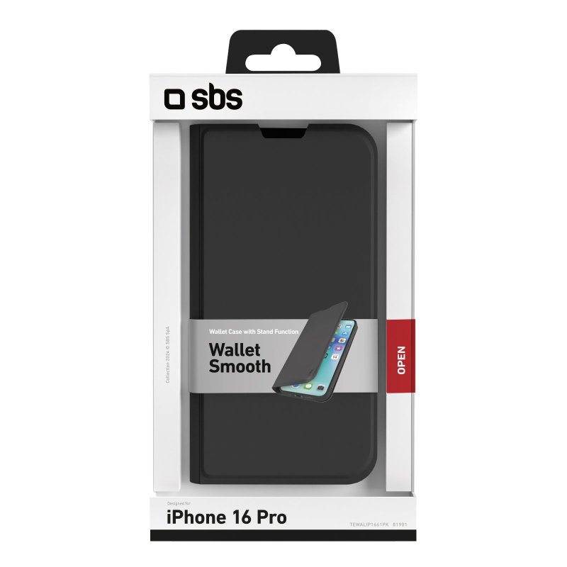 SBS-etui i bogstil med stativstøtte og soft touch-overflade til iPhone 16 Pro. Sort