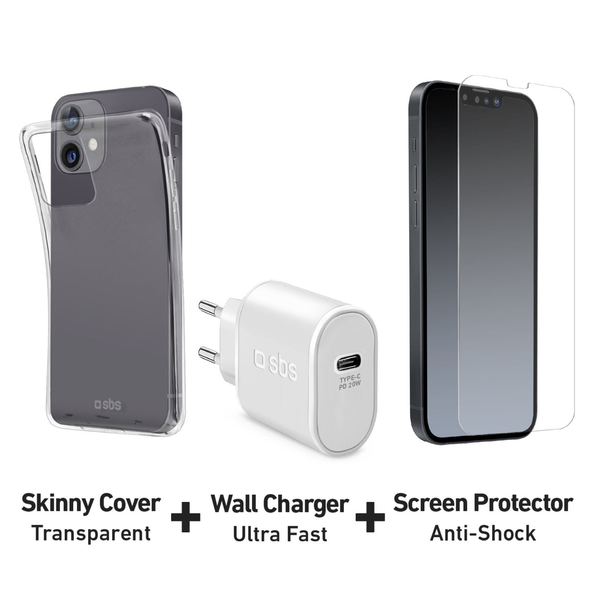 SBS oplader, cover og beskyttelsesglas-kit til iPhone 14 / 13®