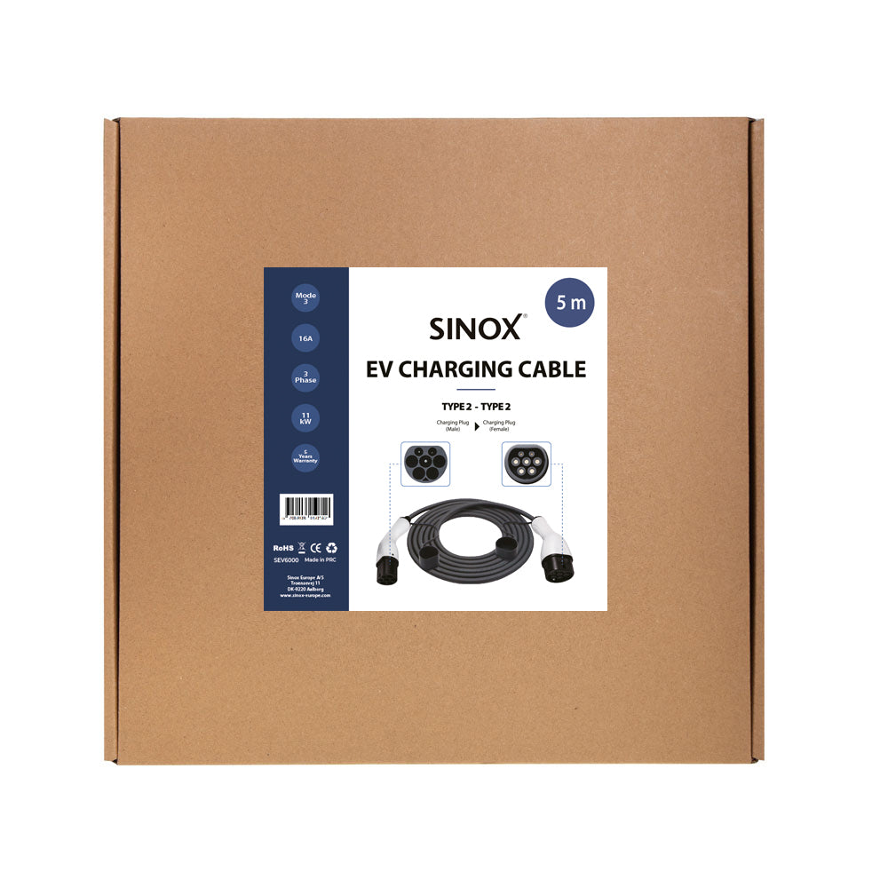 Sinox EV ladekabel mode 3. 16A 3 faser. 5m. Sort