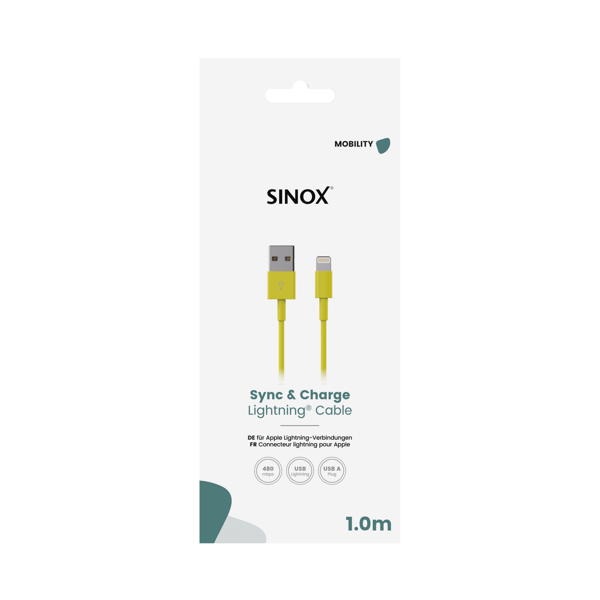 Sinox Lightning kabel. 1m. Gul