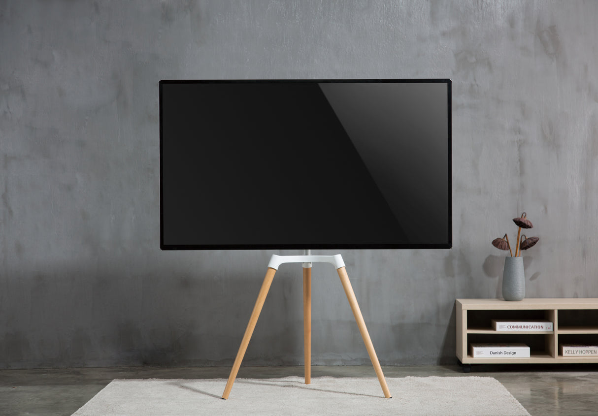 Sinox Tripod TV gulvstand med drejbar top. 50"-65". Lyst træ/hvid
