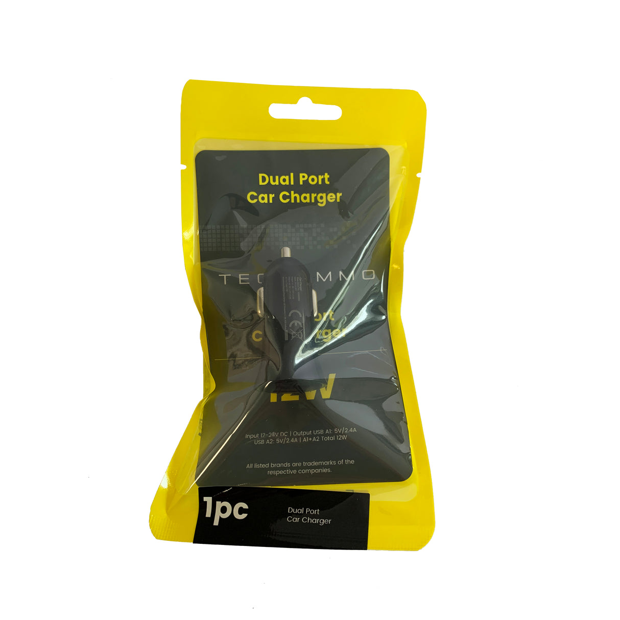 Techammo 12V dobbelt USB A biloplader. 2,4A. Sort